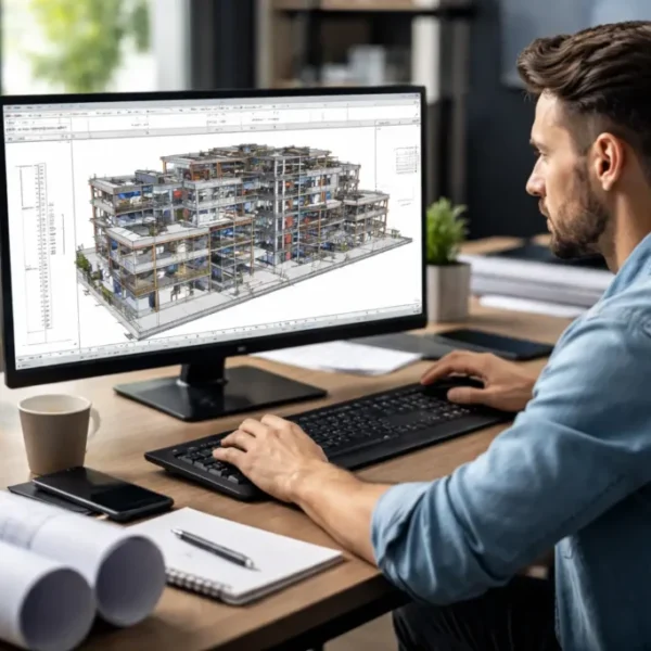 O que e revit Tela do software Revit com modelo BIM de edificacao em 3D ilustrando o que e Revit e como funciona a metodologia BIM na arquitetura e engenharia civil 1024x683 1