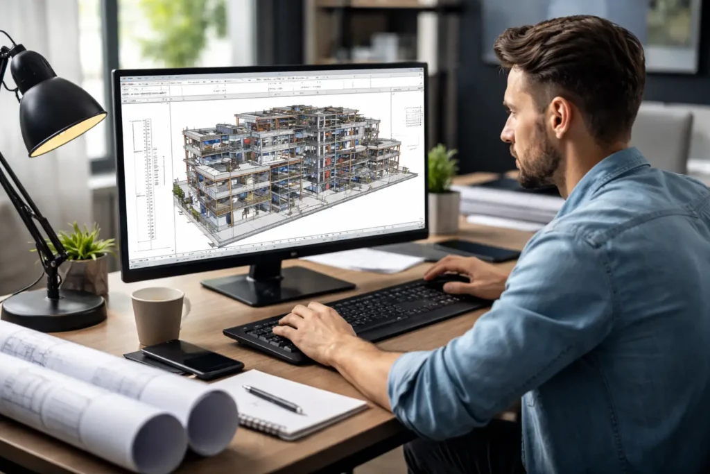 O que e revit Tela do software Revit com modelo BIM de edificacao em 3D ilustrando o que e Revit e como funciona a metodologia BIM na arquitetura e engenharia civil 1024x683 1